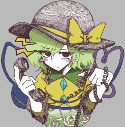  1girl black_hat bow buttons commentary diamond_button disembodied_linked_eye eyeball floral_print frilled_shirt_collar frilled_sleeves frills green_eyes green_hair green_skirt hat hat_bow hat_ribbon heart heart_of_string highres holding holding_phone koishi_day komeiji_koishi ohayouchannel phone ribbon rose_print shirt skirt touhou wide_sleeves yellow_bow yellow_ribbon yellow_shirt 