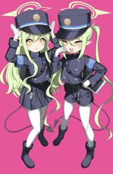  2girls absurdres armband bag belt black_bag black_belt black_boots black_hat black_jacket black_shorts black_skirt blue_archive blue_armband blue_trim boots commentary demon_tail earrings fang full_body gloves green_hair green_halo hair_between_eyes halo hand_up hands_up hat highres hikari_(blue_archive) holding holding_tablet_pc jacket jewelry laughing long_hair long_sleeves looking_at_viewer multiple_girls nozomi_(blue_archive) open_mouth pantyhose peaked_cap pink_background pleated_skirt pointy_ears rabbit_pose shorts siblings simple_background sisters skin_fang skirt sztxra tablet_pc tail train_conductor twins twintails v-shaped_eyebrows white_gloves white_pantyhose yellow_eyes 