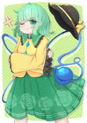  1girl :t anger_vein angry black_hat blush boss9331 bow buttons closed_mouth collared_shirt commentary_request crossed_arms diamond_button disembodied_linked_eye eyeball floral_print frilled_shirt_collar frilled_sleeves frills green_eyes green_hair green_skirt hat hat_bow highres komeiji_koishi long_sleeves looking_at_viewer making-of_available missing_headwear one_eye_closed polka_dot polka_dot_background pout print_skirt rose_print shirt skirt solo touhou unworn_headwear wide_sleeves yellow_bow yellow_shirt 