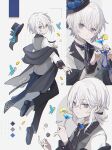 1boy androgynous blue_eyes bug butterfly coat cocktail_glass cup dice drinking drinking_glass full_body glass hat highres jewelry long_sleeves looking_at_viewer male_focus multicolored_eyes namiki_itsuki original otoko_no_ko ring scarf short_hair solo violet_eyes white_background white_hair 