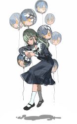  absurdres balloon bang_dream! bang_dream!_it's_mygo!!!!! black_shoes blue_dress character_balloon chinese_commentary closed_mouth collared_dress commentary_request dress expressionless full_body green_hair highres invisible_chair long_hair long_sleeves looking_down own_hands_together qiantianzhou shoes sidelocks simple_background sitting socks togawa_sakiko wakaba_mutsumi white_background white_socks yellow_eyes 