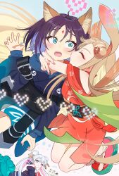  3girls animal_ears apmix arms_around_neck bare_shoulders blonde_hair blue_eyes blue_hair blue_nails blush cho_kaguya-hime! commentary crescent crescent_hair_ornament forehead_jewel fushi_(cho_kaguya-hime!) green_eyes grey_hair hair_ornament hair_rings hair_stick heart highres kaguya_(cho_kaguya-hime!) kiss kissing_cheek long_hair long_sleeves lop_rabbit_ears multicolored_eyes multicolored_hair multiple_girls open_mouth orange_nails pink_hair purple_hair rabbit_ears runami_yachiyo sakayori_iroha short_hair smile two-tone_hair violet_eyes yuri 
