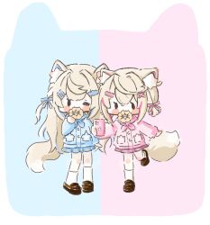  2girls animal_ears blue_coat blue_skirt brown_shoes cellphone checkered_clothes checkered_skirt chibi chibi_only coat commentary dog_ears dog_girl dog_tail doughnut eating food food_in_mouth full_body fuwawa_abyssgard hair_ornament hair_ribbon hairclip holding holding_food holding_phone hololive hololive_english long_hair looking_at_viewer mococo_abyssgard multicolored_hair multiple_girls one_eye_closed parallel_hairclips phone pink_coat pink_skirt pon_de_ring ribbon saisasae selfie shoes short_hair siblings simple_background sisters skirt smartphone socks standing standing_on_one_leg streaked_hair tail twins x_hair_ornament 