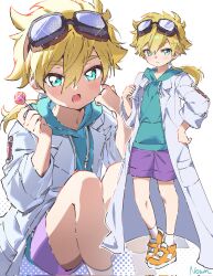  1boy aqua_eyes blonde_hair blue_hoodie blush candy closed_mouth coat commentary_request corrupted_twitter_file food goggles goggles_on_head hair_between_eyes hand_on_own_hip highres holding holding_candy holding_food holding_lollipop hood hood_down hoodie jett_(human)_(precure) jett_(precure) lab_coat lollipop looking_at_viewer male_focus meitantei_precure! multiple_views nownnownn open_clothes open_coat open_mouth orange_shoes ponytail precure purple_shorts shoes shorts signature simple_background sitting socks standing white_socks 