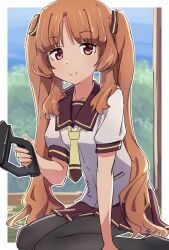  1girl ano_natsu_de_matteru black_pantyhose blurry blurry_background border brown_hair brown_sailor_collar brown_skirt c: closed_mouth commentary_request day full_body gun hand_up highres holding holding_gun holding_weapon long_hair looking_at_viewer miniskirt necktie outdoors outline outside_border pantyhose parted_bangs pleated_skirt red_eyes rokochandayo sailor_collar sailor_shirt school_uniform serafuku shirt short_sleeves sidelocks skirt smile solo split_mouth twintails very_long_hair weapon white_border white_outline white_shirt yamano_remon yellow_necktie 