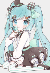  1girl absurdres aobahosino back_bow black_bow black_bowtie black_hat blue_eyes blue_hair blush bow bowtie brown_shoes brown_skirt buttons checkered_bow checkered_clothes closed_mouth commentary_request dot_nose food frilled_skirt frilled_thighhighs frills full_body garter_straps green_bow hair_bow hair_ornament hat hatsune_miku heart heart_hair_ornament highres holding holding_food holding_ice_cream ice_cream long_hair long_sleeves looking_at_viewer mini_hat mini_top_hat mint_chocolate shirt shoes simple_background sitting skirt solo striped_clothes striped_thighhighs thigh-highs top_hat twintails vertical-striped_clothes vertical-striped_thighhighs very_long_hair vocaloid white_background white_shirt white_thighhighs x_hair_ornament 