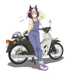  1girl animal_ears artist_name asagi501 blue_overalls bow braid breasts brown_hair commentary_request cropped_legs ear_bow full_body grey_helmet hair_ribbon half_up_braid hand_on_own_head helmet horse_ears horse_girl horse_tail leaning_against_motorcycle long_sleeves looking_at_viewer medium_hair motor_vehicle motorcycle multicolored_hair overalls parted_lips pink_shoes purple_bow purple_ribbon ribbon shirt shoes simple_background small_breasts sneakers solo special_week_(umamusume) tail translation_request twitter_username two-tone_hair umamusume unworn_headwear unworn_helmet vehicle_request violet_eyes watermark white_background white_hair yellow_shirt 