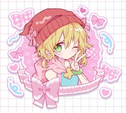  1girl alternate_hairstyle amitie_(puyopuyo) bare_shoulders beanie blonde_hair blue_shirt blush bow bracelet brooch checkered_bow checkered_clothes flower_brooch futaba969649 green_eyes grid_background hair_between_eyes hair_bow hat heart jewelry looking_at_viewer low_twintails one_eye_closed pink_bow pink_scarf puyopuyo red_hat scarf shirt short_hair sleeveless sleeveless_shirt solo twintails twintails_day v white_background 