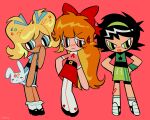  3girls :d arm_at_side bandaid bandaid_on_leg bangs belt belt_buckle bike_shorts black_belt black_footwear black_hair blonde_hair blossom_(ppg) blue_dress blue_eyes blue_ribbon blush bobby_socks bow bubbles_(ppg) buckle buttercup_(ppg) closed_mouth collared_shirt contrapposto covering_mouth d: dark-skinned_female dark_skin dress english_commentary frilled_legwear from_side full_body green_eyes green_hairband hair_bow hair_ornament hair_ribbon hairband hairclip half-closed_eye half_updo hand_on_hip hand_over_own_mouth hand_up hands_on_hips heart heart_print highres large_bow leaning_forward legs_apart legs_together long_hair looking_at_viewer looking_to_the_side mary_janes miniskirt multiple_girls neck_ribbon no_nose open_mouth orange_hair pantyhose pink_eyes pink_shirt poppy_(p0ply) powerpuff_girls red_background red_bow red_ribbon red_skirt ribbon shirt shirt_tucked_in shoes short_dress short_sleeves siblings side-by-side signature simple_background sisters skirt sleeveless sleeveless_dress smile socks standing star_(symbol) star_print straight-on swept_bangs toon_(style) tsurime twintails very_long_hair white_footwear white_pantyhose white_socks wing_collar wristband 