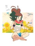  1girl barefoot belly blue_eyes bracelet brown_hair crossed_legs denim denim_shorts dirty dirty_face eating flower food food_on_face fruit highres hilda_(pokemon) jewelry legs long_hair midriff midriff_peek navel open_mouth pokemon pokemon_(game) pokemon_bw ponytail shirt shorts simple_background sitting solo stomach sunflower thighs watermelon white_background white_shirt yadoki 