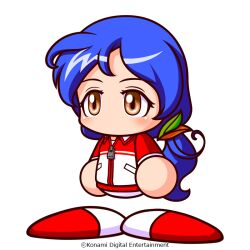  1girl artist_request blue_hair brown_eyes commentary_request copyright_notice hair_ornament jacket jikkyou_powerful_pro_yakyuu jikkyou_powerful_pro_yakyuu_(style) leaf_hair_ornament long_hair low_ponytail multicolored_jacket multicolored_shoes no_mouth official_art ogawa_meguru pants ponytail rayman_limbs red_jacket red_shoes shoes solo track_jacket two-tone_shoes white_background white_jacket white_pants white_shoes 
