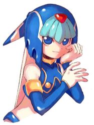  1girl armor blue_armor blue_eyes blue_helmet commentary_request fairy_leviathan_(mega_man) helmet maro_maronomaro mega_man_(series) mega_man_zero_(series) simple_background solo upper_body white_background 
