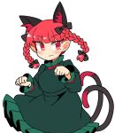  1girl :3 animal_ear_fluff animal_ears bangs braid cat_ears cat_tail clenched_hands dress extra_ears green_dress ini_(inunabe00) juliet_sleeves kaenbyou_rin long_hair long_sleeves looking_at_viewer multiple_tails nekomata pointy_ears puffy_sleeves red_eyes redhead side_braids simple_background solo tail touhou twin_braids two_tails white_background 