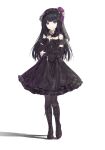  1girl absurdres akizuki_sakura_(1061341379) black_bow black_dress black_footwear black_hair black_sleeves boots bow chinese_commentary closed_mouth commentary_request detached_sleeves dress floral_print flower full_body gothic_lolita hair_bow hair_flower hair_ornament highres holding holding_flower lolita_fashion long_sleeves looking_at_viewer original shadow simple_background smile solo standing thigh_boots violet_eyes white_background 