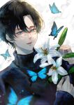  1boy bishounen black_hair black_sweater blue_butterfly blue_eyes blurry bug butterfly depth_of_field eyeliner flower glint highres light_particles light_rays lily_(flower) long_sleeves looking_at_viewer makeup makura_wet male_focus open_mouth original shadow short_hair smile solo sparkle sweater 