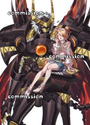  1girl armor bare_shoulders black_armor black_helmet blonde_hair blue_shorts cape commission confeito000_333 cropped_shirt denim denim_shorts digimon digimon_(creature) double_bun hair_bun helmet highres long_hair original plutomon red_cape shirt shorts white_shirt 