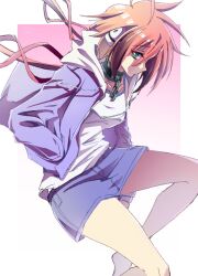  1girl black_hair blue_jacket blue_shorts chain closed_mouth collar commentary_request gradient_hair green_eyes hands_in_pockets highres ikamochi_kalong ikaros jacket long_hair looking_at_viewer low_twintails metal_collar multicolored_hair pink_hair robot_ears shirt shorts solo sora_no_otoshimono twintails white_shirt 