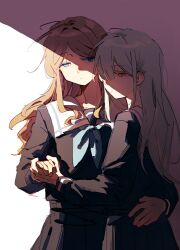  2girls absurdres artist_request bang_dream! bang_dream!_it's_mygo!!!!! black_serafuku black_shirt black_skirt blue_eyes brown_hair chinese_commentary closed_mouth commentary_request commission cowboy_shot expressionless green_hair hand_on_another's_back highres long_hair long_sleeves multiple_girls nagasaki_soyo pleated_skirt sailor_collar school_uniform second-party_source serafuku shirt sidelocks simple_background skirt standing tsukinomori_school_uniform wakaba_mutsumi white_background white_sailor_collar yellow_eyes 