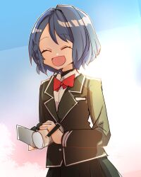  1girl black_jacket black_shirt black_skirt blazer blue_background blue_hair bow bowtie braid camcorder camera collared_shirt commentary_request gradient_background highres holding holding_camera jacket kanduki_kamibukuro kurumibashi_school_uniform love_live! love_live!_hasu_no_sora_jogakuin_school_idol_club love_live!_hasu_no_sora_jogakuin_school_idol_club_bloom_garden_party pink_background pleated_skirt red_bow red_bowtie reisawa_aoi school_uniform shirt short_hair side_braid skirt solo undershirt video_camera white_shirt 