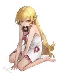  1girl absurdres apron artist_name bare_shoulders blonde_hair bow_apron chocolate_donut commentary_request doughnut food food_in_mouth frilled_apron frills full_body hands_on_ground highres long_hair mieze_nie monogatari_(series) oshino_shinobu pink_ribbon pointy_ears ribbon sidelocks simple_background sitting solo very_long_hair wariza white_apron white_background yellow_eyes 