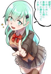  1girl blazer bow bowtie brown_cardigan brown_jacket brown_skirt brown_thighhighs cardigan commentary_request green_eyes green_hair hair_ornament hairclip highres index_finger_raised jacket kantai_collection long_hair looking_at_viewer nekotarou_(nktr299) pleated_skirt red_bow red_bowtie simple_background skirt solo suzuya_(kancolle) suzuya_kai_ni_(kancolle) thigh-highs translation_request white_background 