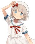  1girl :o bangs blue_eyes blunt_bangs bow bowtie buttons child dot_nose dress grey_hair hat hat_bow highres idolmaster idolmaster_shiny_colors looking_at_viewer parted_lips red_bow red_bowtie sailor sailor_collar sailor_dress sailor_hat serizawa_asahi short_hair short_sleeves simple_background solo striped_sleeves wadachi waving white_background 
