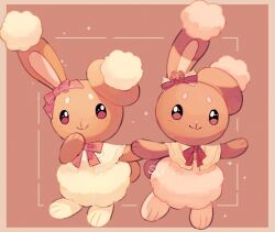  bow brown_background brown_eyes brown_theme buneary closed_mouth commentary_request highres holding_hands no_humans pokemon pokemon_(creature) pokemon_focus rabbit ribbon smile su_(sajo_su5) 
