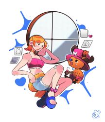  1boy 1girl anklet antlers bare_arms bare_legs bare_shoulders blue_nose blue_sandals brown_fur choker crop_top discooco english_commentary full_body grey_shorts hat heart highres horns horns_through_headwear invisible_chair jewelry looking_at_another midriff nami_(one_piece) navel one_piece open_mouth orange_hair pink_hat pink_shirt reindeer_antlers reindeer_boy sandals shirt short_hair short_shorts shorts signature sitting tony_tony_chopper window 