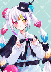  1girl absurdres black_capelet blue_background blue_skirt book_off capelet closed_mouth commentary_request cowboy_shot double_bun frilled_capelet frills hair_bun hands_up hat heterochromia highres jogasaki_noah long_hair long_sleeves looking_at_viewer mahou_shoujo_no_majo_saiban mini_hat mini_top_hat multi-tied_hair multicolored_hair neck_ribbon official_alternate_costume official_alternate_hairstyle ribbon skirt smile solo streaked_hair taimu_(htrgt_31) top_hat white_hair yellow_eyes 