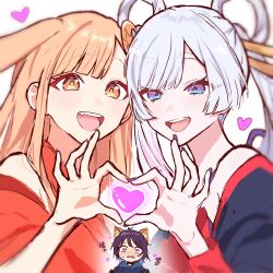  0w0_0307 3girls ahoge animal_ears bare_shoulders black_hair blonde_hair blue_hoodie blue_kimono blush cho_kaguya-hime! crescent crescent_hair_ornament double_finger_heart finger_heart fox_ears hair_ornament hair_rings hair_stick heart highres hood hoodie japanese_clothes kaguya_(cho_kaguya-hime!) kimono long_hair looking_at_viewer lop_rabbit_ears multiple_girls open_mouth rabbit_ears red_kimono runami_yachiyo sakayori_iroha simple_background smile straight_hair twintails white_background white_hair yuri 