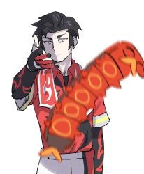  1boy absurdres aged_down anyadesu_yo arm_up black_hair closed_mouth collared_shirt commentary compression_sleeve cowboy_shot fingerless_gloves frown gloves grey_eyes highres kabu_(pokemon) male_focus meme multicolored_gloves pants parted_hair photo-referenced pokemon pokemon_sword_and_shield red_shirt shirt shirt_tucked_in short_hair simple_background sizzlipede untranslatable_commentary white_background wing_collar woe_plague_be_upon_ye_(meme) 