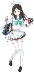 1girl airi_(blue_archive) bag black_shoes blue_archive blue_sailor_collar blue_trim blush bow bowtie brown_hair candy chocolate_syrup dripping dropping embarrassed flat_chest food food-themed_hair_ornament frilled_skirt frills full_body game_asset green_bow green_bowtie green_eyes green_halo gun h&amp;k_mp5k hair_ornament halo hands_up highres holding holding_food holding_ice_cream holding_ice_cream_cone ice_cream ice_cream_cone ice_cream_hair_ornament knees_together_feet_apart large_variant_set leg_up loafers long_hair long_sleeves looking_at_viewer macciatto_(aciel02) miniskirt multiple_scoops nose_blush official_art open_mouth parted_bangs pleated_skirt sailor_collar school_uniform serafuku shirt shoes shoulder_bag sidelocks simple_background skirt solo standing standing_on_one_leg star_(symbol) submachine_gun surprised syrup tachi-e thigh-highs third-party_source transparent_background variant_set wafer_stick weapon white_bow white_shirt white_skirt white_thighhighs wrapped_candy zettai_ryouiki 
