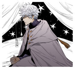  1boy absurdres black_shirt border cape commentary curtains english_commentary highres hikariix long_sleeves male_focus own_hands_clasped own_hands_together parted_bangs parted_lips pince-nez profile qifrey_(tongari_boushi_no_atelier) shirt short_hair signature sitting solo tassel tongari_boushi_no_atelier turtleneck white_border white_cape white_hair 