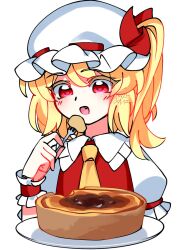 1girl ascot blonde_hair blush collared_shirt commentary_request eating fang flandre_scarlet food fork frilled_shirt_collar frilled_wrist_cuffs frills hat hat_ribbon highres holding holding_fork illust_atelier3 mob_cap one-hour_drawing_challenge one_side_up pie plate red_eyes red_vest red_wrist_cuffs ribbon shirt signature simple_background solo touhou upper_body vest white_background white_hat white_shirt wrist_cuffs yellow_ascot 