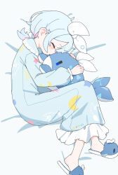  1girl :o absurdres alternate_costume ame_miya_ta arona_(blue_archive) bed_sheet blue_archive blue_dress blue_hair blush closed_eyes colored_inner_hair commentary_request dress full_body hair_ornament hair_over_one_eye hair_scrunchie highres hugging_object long_sleeves low_ponytail lying medium_hair multicolored_hair on_bed on_side pajamas pink_hair ponytail scrunchie sidelocks sleeping slippers solo stuffed_whale 