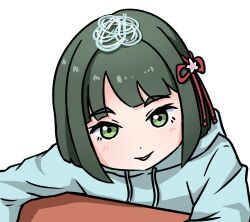  1girl blue_hoodie blush commentary daru_pixel flower flower_knot green_eyes green_hair hair_flower hair_ornament highres hood hood_down hoodie looking_at_viewer love_live! love_live!_hasu_no_sora_jogakuin_school_idol_club momose_ginko open_mouth pink_flower sakurai_hina seeno_de!_hasu_no_sora! simple_background smile solo upper_body voice_actor_connection white_background 