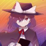  1girl bangs black_cape black_hair black_headwear book bow cape closed_mouth fedora hat hat_bow kirisame-nununu looking_at_viewer multicolored_background red_eyes short_hair solo touhou upper_body usami_renko white_bow 