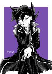  1boy border card coat commentary covering_own_mouth greyscale_with_colored_background hair_between_eyes highres holding holding_card invisible_chair lapels layered_sleeves long_sleeves looking_to_the_side male_focus manjoume_jun notched_lapels pants purple_background shirt sideways_glance sitting sk816 solo twitter_username untranslatable_commentary white_border yu-gi-oh! yu-gi-oh!_gx 