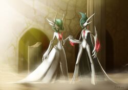  2others alien arm_blade arm_warmers artist_name bob_cut broken_pillar broken_wall cape claws dappled_sunlight dress dust evening facing_another gallade gardevoir green_hat hair_between_eyes hat holding_hands indoors light_rays looking_at_another mega_gallade mega_gardevoir mega_pokemon mohawk multiple_others pillar pokemon pokemon_(creature) pokemon_focus red_eyes skirt sunlight weapon white_arm_warmers white_cape white_dress white_skirt zhoid_3.0 