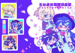  3girls :d ;d absurdres apron arm_warmers bespectacled black_hat blonde_hair blue_hair blush_stickers bow bowtie brown_shirt camera character_name chinese_commentary chunye_xiuluo clenched_teeth closed_mouth commentary_request frown fruit_hat_ornament glasses green_eyes hat hat_ornament highres hinanawi_tenshi holding holding_camera leaf_hat_ornament long_hair looking_at_viewer medium_hair mizuhashi_parsee multiple_girls one_eye_closed peach_hat_ornament pointy_ears pom_pom_(clothes) puffy_short_sleeves puffy_sleeves purple-framed_eyewear red-framed_eyewear red_bow red_bowtie red_eyes scarf semi-rimless_eyewear shameimaru_aya shirt short_hair short_sleeves skirt smile sparkle teeth tokin_hat touhou translation_request under-rim_eyewear v very_long_hair waist_apron white_apron white_scarf white_shirt 