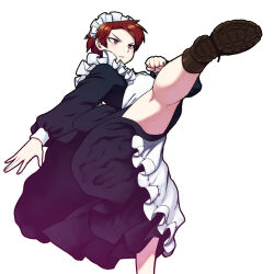  1girl apron brown_eyes brown_hair clenched_hand commentary_request forehead frilled_headwear high_kick kicking legs maid maid_apron open_hand original shoes short_hair simple_background solo standing standing_on_one_leg thighs tsukudani_(coke-buta) white_background 