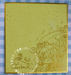  >_< 1girl :3 artist_name closed_eyes closed_mouth commentary_request heart highres kuroka_(tsukiyorui_01) marker_(medium) monochrome shikishi signature solo spoken_heart tatara_kogasa touhou traditional_media umbrella watermark 