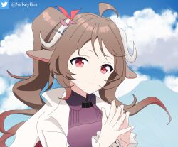  1girl ahoge animal_ears arknights bnelsey brown_hair coat colored_tips eyjafjalla_(arknights) eyjafjalla_the_hvit_aska_(arknights) highres horn_ornament horns lab_coat long_hair multicolored_hair open_clothes open_coat pink_shirt ponytail red_eyes red_hair sheep_ears sheep_girl sheep_horns shirt smile solo twitter_logo twitter_username white_coat 