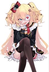  1girl akai_haato akai_haato_(gothic_lolita) aqua_eyes aqua_gem arm_on_own_leg black_capelet black_dress black_flower black_rose blonde_hair bow bowtie brown_thighhighs buttons capelet commentary crossed_legs dot_nose double-breasted dress eyepatch fangs feet_out_of_frame flower frilled_capelet frilled_dress frilled_eyepatch frilled_neckerchief frills gem gold_trim gothic_lolita hair_between_eyes hair_bow hair_ornament hairclip hairpin hand_on_own_face hand_up head_tilt heart heart_hair_ornament highres hololive invisible_chair layered_dress legwear_garter lolita_fashion long_hair long_sleeves looking_at_viewer multiple_hairclips official_alternate_costume official_alternate_hairstyle one_eye_covered open_mouth parallel_hairclips puffy_long_sleeves puffy_sleeves raised_eyebrow red_bow red_bowtie rose short_dress side_part simple_background single_legwear_garter sion_nowloading sitting smile solo stitches string_of_pearls teeth thigh-highs thighs two_side_up upper_teeth_only very_long_hair virtual_youtuber white_background white_flower white_rose x_hair_ornament zettai_ryouiki 