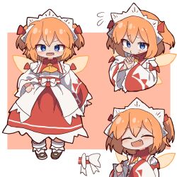  1girl ^_^ blue_eyes brown_shoes closed_eyes commentary fang highres long_skirt long_sleeves looking_at_viewer magg_(user_mtca8588) multiple_views open_mouth orange_hair red_skirt shirt shoes skirt smile socks standing sunny_milk touhou two_side_up white_shirt white_socks wide_sleeves 