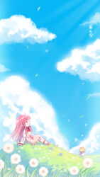  1girl absurdres ahoge animal ankle_socks artist_request bloom_poetry_(shining_nikki) blue_sky bow bowtie brown_eyes cat chibi chinese_commentary chinese_text cloak closed_mouth clothed_animal clouds commentary_request cross-laced_clothes cross-laced_dress dandelion dandelion_seed day dress dress_bow dress_ribbon ear_covers flower frilled_sleeves frills from_behind from_side grass highres hill hood hood_up hooded_cloak jumping leaf light_blush long_hair long_sleeves looking_ahead mary_janes medium_dress momo_(nikki) nikki_(nikki) nikki_(series) official_art on_ground outdoors pinafore_dress pink_dress pink_hair red_bow red_bowtie red_ribbon ribbon second-party_source shadow shining_nikki shirt shoes sitting sky sleeveless sleeveless_dress sleeves_past_wrists smile socks translation_request upturned_eyes very_long_hair white_cat white_shirt white_shoes white_socks wind yellow_cloak 