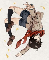  1girl black_socks brown_shoes cat's_eye clenched_teeth commentary_request h_(nxbfn779) highres kisugi_ai red_scarf scarf shoes short_hair shorts simple_background smile socks solo teeth upside-down 