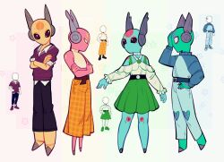  4others alternate_costume baggy_pants bare_shoulders belt black_eyes black_sclera blank_eyes blue_sweater buttoned_cuffs buttons circle_facial_mark clothing_cutout colored_sclera commentary_request crossed_arms facial_mark five_pebbles full_body green_skirt hand_on_own_face hand_on_own_hip heart_cutout highres iterator_(rain_world) knee_cutout looks_to_the_moon multiple_others no_significant_harassment off-shoulder_shirt off_shoulder pants pink_nails purple_nails rain_world reference_inset robot_ears russian_commentary seven_red_suns shirt skirt sleeveless sleeveless_turtleneck sleeves_rolled_up solid_eyes sweater turtleneck two-tone_sweater white_eyes x_(symbol) x_facial_mark xxxanchk yellow_nails 