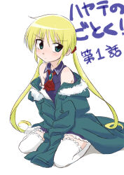  1girl a_(toitoitoioekk) absurdres ascot blonde_hair blush coat dress expressionless green_eyes hayate_no_gotoku! highres long_hair looking_at_viewer off_shoulder sanzen'in_nagi sitting sketch solo thigh-highs twintails white_thighhighs zettai_ryouiki 