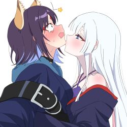  2girls 8xfn0 absurdres animal_ear_fluff animal_ears bare_shoulders black_choker black_hair blue_eyes blue_hair blush cho_kaguya-hime! choker collarbone commentary_request drooling forehead_jewel fox_ears from_side green_eyes grey_hair halterneck highres hug kiss kissing_chin long_hair looking_at_another looking_up multicolored_eyes multicolored_hair multiple_girls open_mouth pink_hair profile runami_yachiyo sakayori_iroha short_hair simple_background star_(symbol) sweat tearing_up two-tone_hair violet_eyes white_background yuri 